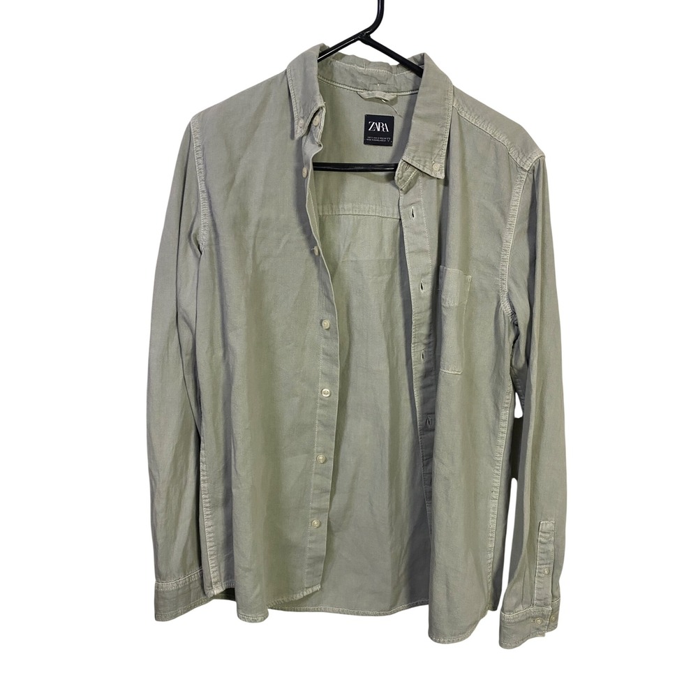 Zara Mens Sage Green Cotton Button Down Shirt Small Casual Long Sleeve Pocket